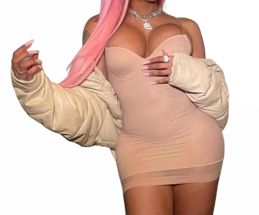 NEW LOVELY coming outside to play bodycon revealing mini slip dress in beige